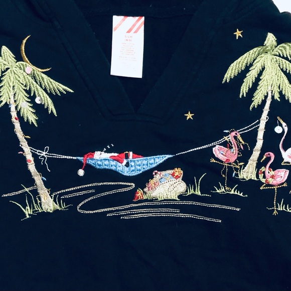 Santa Palm Trees Christmas Embroidered Holiday Hoodie Sweatshirt Small - Picture 2 of 4